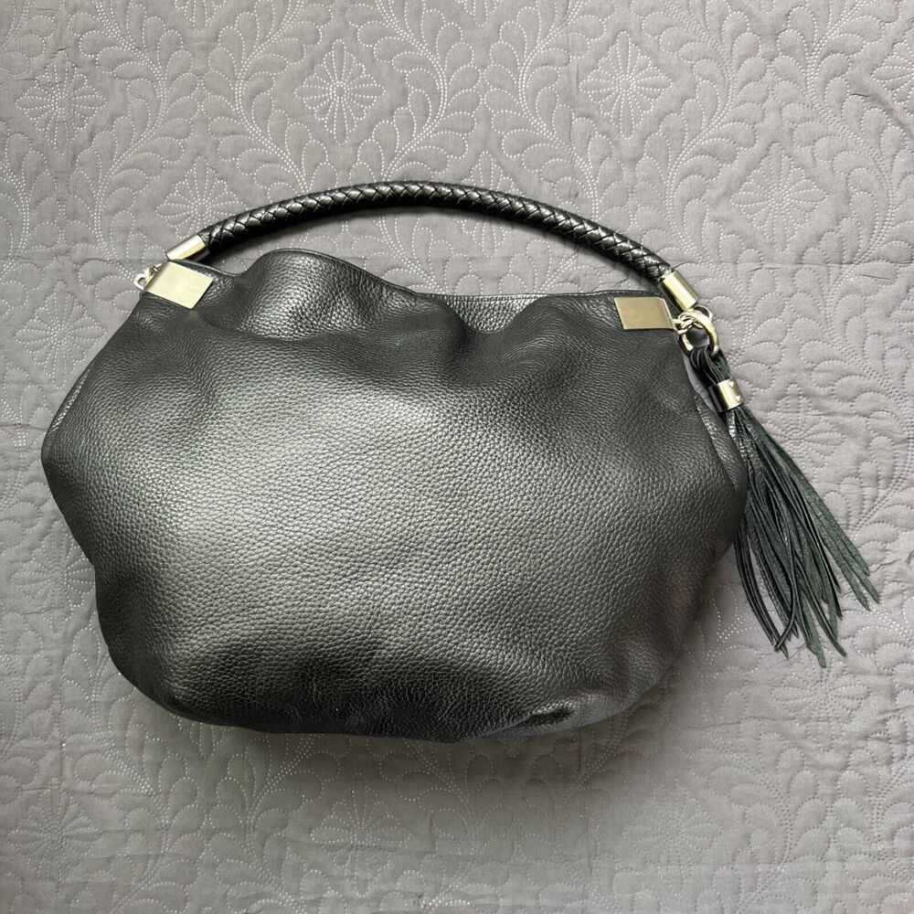 Halogen Genuine Leather Tassel Hobo Large Shoulder Bag Black Chic Western Boho